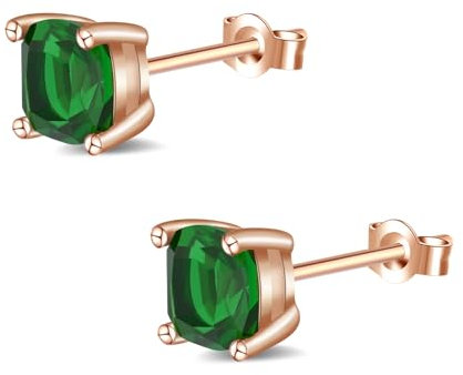 Aliyoham Rose Gold Emerald Stud Earrings for Women | 7mm Hypoallergenic Green Gemstone Earrings | Luxury Rose Gold Jewellery Gift for Her