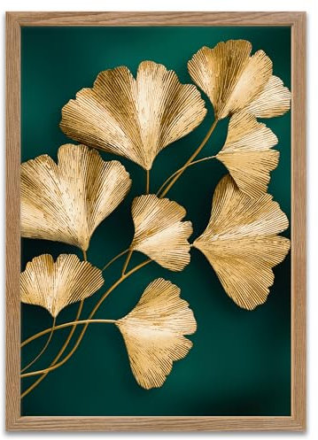 ARTFAVES® Poster - Eukalyptus Gold Grün | Wanddeko Wandbild Fotografie Abstrakt | mit Rahmen Eiche | 30 x 40 cm