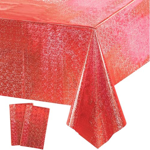 Party Tischdecke Rot Glitzer - Geburtstag Tischdecken Foil Plastik Einweg Party Deko für Casino Zirkus Feuerwehr Las Vegas Ladybug Rubinhochzeit Valentinstag Fasching Karneval Tischdecke Deko