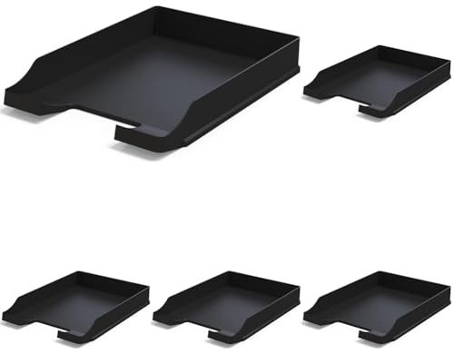 Bandejas portadocumentos tamaño A4 Negro - Organizador Escritorio apilable - Bandeja plástico para Oficina - Archivador Papeles - Cestas de Correo - 35x25x5,2 cm (Paquete de 5)
