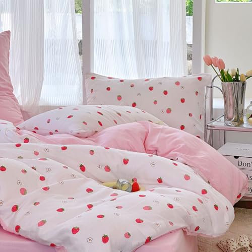 Nyescasa Housse de Couette 240x260 Rose et Blanc Fraise Rose Réversible Parure de lit Adulte 2 Personnes Fleurie Mignon Housse Couette en Microfibre avec Fermeture Éclair et 2 Taies d'oreiller 65x65cm