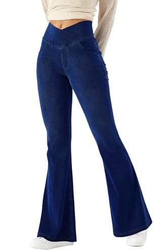 LaiEr Mujer Bootcut Jeans V Crossover Cintura Alta Tirar de Control del Vientre Casual Fitness Pantalones Skinny de Yoga,Tejido Suave de Alta Elástico de Denim,Leggings campanados