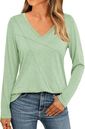 NAIOSS Damen Oberteile Elegant V-Ausschnitt Langarmshirt Herbst Tshirt Baumwolle Casual Shirts Tunika Tops