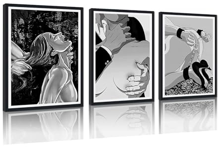 Gerahmtes Wandkunst-Set für Schlafzimmer, schwarz-weiß, sexy Frauendruck, sinnliches Paar, Poster, romantisches Kunstwerk für Bar, Hotel, Wohnung, Dekoration, fertig zum Aufhängen, 30,5 x 40,6 x 3