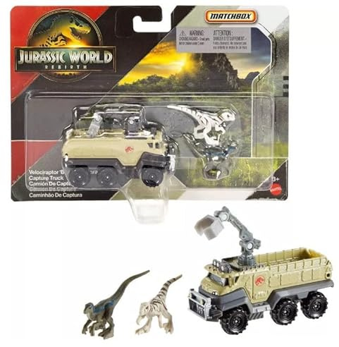 Hot Wheels Jurassic World Rebirth, Dinosaurier Sammelfahrzeug und Figur (Velociraptor Blue und Atrociraptor Capture Truck)