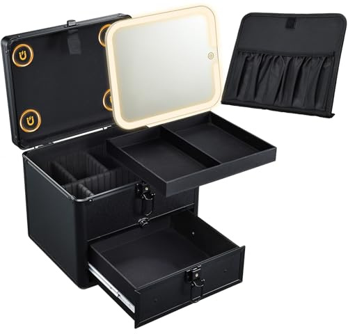 Vanity Case with LED Mirror Makeup Box Removable Light Up Mirror | Portable Beauty Case Makeup Artist Carry Vanity Box with Adjustable Dividers and Makeup Brush Holder (Black with Drawer)
