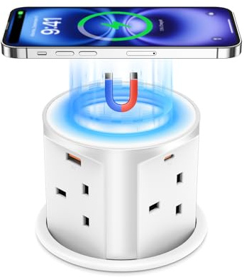 Jgstkcity Pop up Socket USB C 20W, 15W Magnetic Wireless Charger, White | 4 Way Pop up Power socket, 4 USB‑C Ports, 3.94'' Hole, 2m Cable, Worktop Mounted Design for Office, Gaming & Dorm
