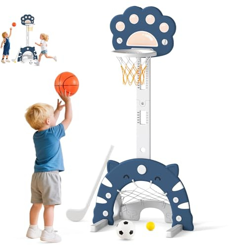 DREAMADE Basketballkorb Kinder, 3-in-1 Basketballständer höhenverstellbar 130-151 cm mit Fußballtor & Golfspiel, Mini Basketballkorb für Wandmontage, Indoor & Outdoor Spielgeräte für Kinder (Blau)