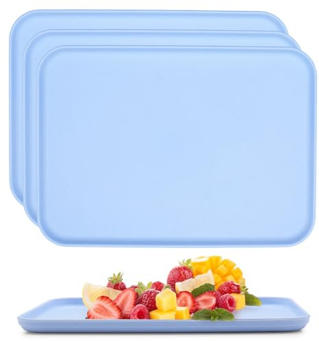 Vyranut 4-Pack Rectangular Plastic Serving Trays for Kitchen, Drinks, Snacks, Tea, Coffee, Breakfast, Lightweight and Durable (Blue)