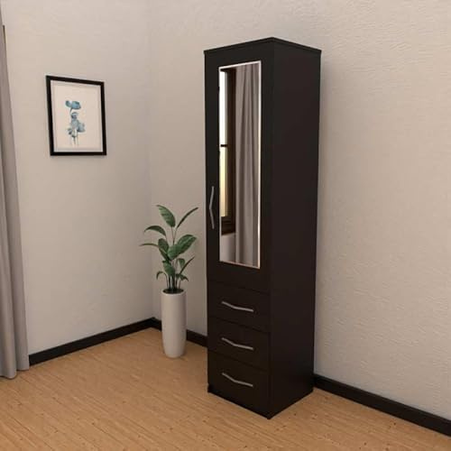 Assembled Modern Small White Wardrobe with Mirror Door, 3 Drawers, 184cm Height, Free Standing (Black)
