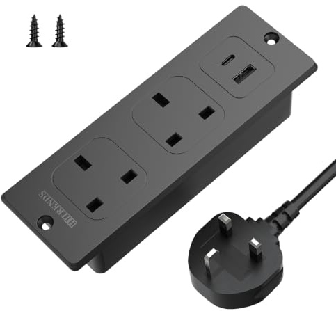 KEAGAR Recessed Power Strip 2 Outlets with 2 USB PD 20W for Desk | 1 USB-C + 1 USB-A, 13A 3250W, Flush Mount in Furniture, 2M Cable, Surge Protection, Black, Ideal for Desk & Table