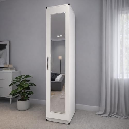 1 Door Wardrobe with Full-Length Mirror, Pre-Assembled, White and Natural Wood, 184 x 40 x 50 cm, Slim Storage Cabinet for Bedroom (White)