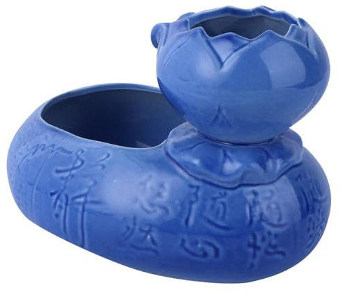 Outanaya Fontaine à Eau pour Chat en Céramique Bleue, Capacité Large, Design Vintage et Créatif de Lotus, Sûre et Anti-Renversement, pour Appartement