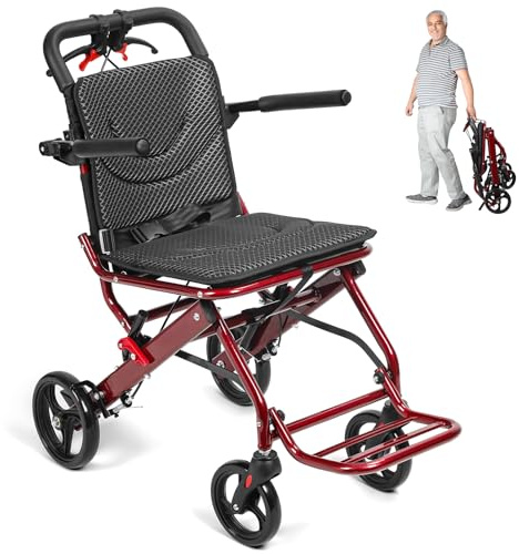 Lätt hopfällbar rullstol 8,4 kg, bärbar reserullstol med handbromsar och 8 tums hjul, aluminiumlegering kompakt mobilitetsstol stöder 80 kg för vuxna (röd)