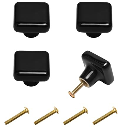 ZYDYRX Lot de 4 boutons de porte carrés modernes en céramique noire - Avec vis - Pour salon, cuisine, chambre à coucher