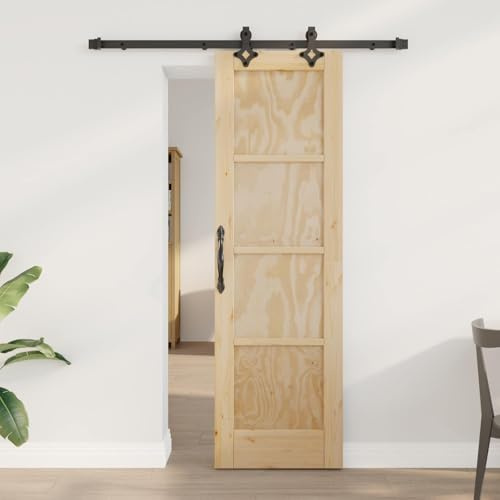 Runheo ORKDAL - Porta scorrevole naturale, 61 x 198,5 cm, in legno di pino massiccio con binario in acciaio verniciato a polvere, salvaspazio, scorrevolezza silenziosa, robusta, ideale per interni e