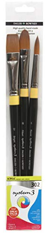 Daler-Rowney System3 Acrylic Brush, Stiff Synthetic Hair, Long Handle, Round, Filber and Bright, , Wallet, Set 302, 3 Assorted brushes