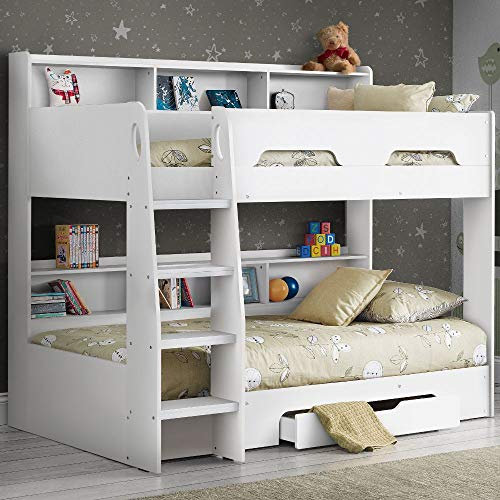 happybeds Wooden Bunk Bed with Underbed Storage Drawer, Orion White Wood Modern Twin Sleeper - 3ft Single (90 x 190 cm) with 2 x Orthopaedic Mattresses Included