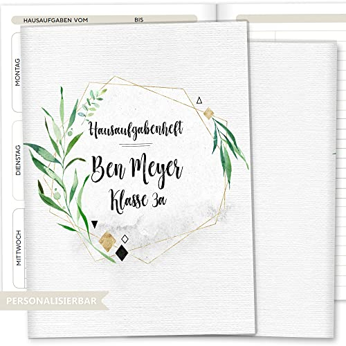 OLGS Hausaufgabenheft Hülle Tropical Green inkl. Heft Schulheft Schutzhülle Umschlag Geschenkidee Einschulung personalisierbar mit Namen und die Schulklasse (personalisiert, Tropical Green 01)