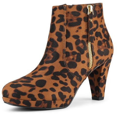 Allegra K Damen-Stiefeletten mit seitlichem Reißverschluss, niedriger Plateau, klobiger Absatz, Leopard, 38.5 EU