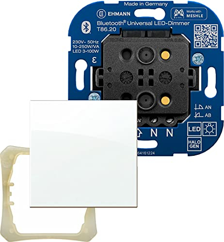 Ehmann, smarter Bluetooth Universal LED-Dimmer 8692x0000, Unterputz-Tastdimmer, über kostenlose APP steuerbar, Leistung: LED 3-100W, 10-250W/VA, inkl. Halterahmen und Wippe, 5 Jahre Garantie