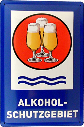 Blechschild 20x30 Alkohol Schutzgebiet mit Bier Glas im Verkehrsschild Design Ideale Deko für Wohnzimmer Garten Trinkhalle Kiosk Kneipe Gastronomie Biergarten Bar Pub Essen Trinken Bier