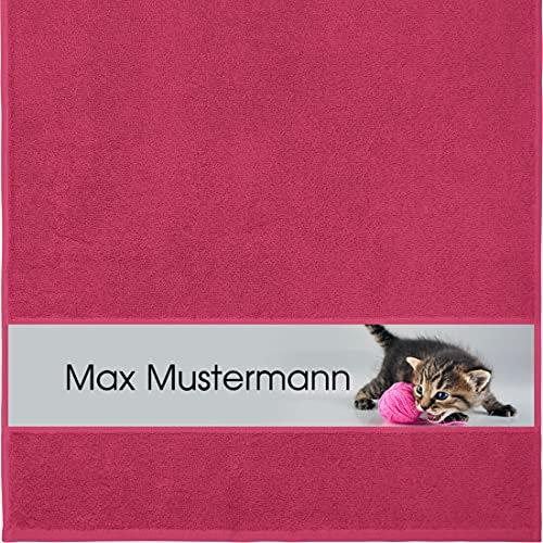 Manutextur Handtuch mit Motiv Katze - Personalisiert - Fuchsia - 50x100 cm - Baumwolle