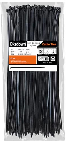 Oksdown 100 Pack Black Plastic Cable Ties 200mm×3.6mm Heavy Duty Strong Nylon Premium Self Locking 8 inch/20 cm Long Zip Tie Wraps