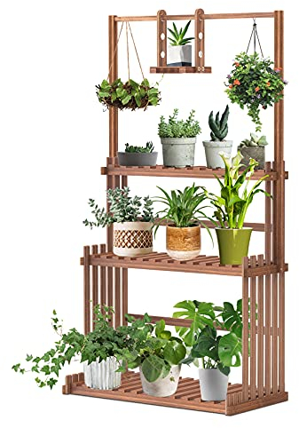 unho Supporto per fiori in legno, a 3 livelli, scaletta per piante, a più ripiani, per interni ed esterni, balcone, 79 x 36,5 x 145 cm