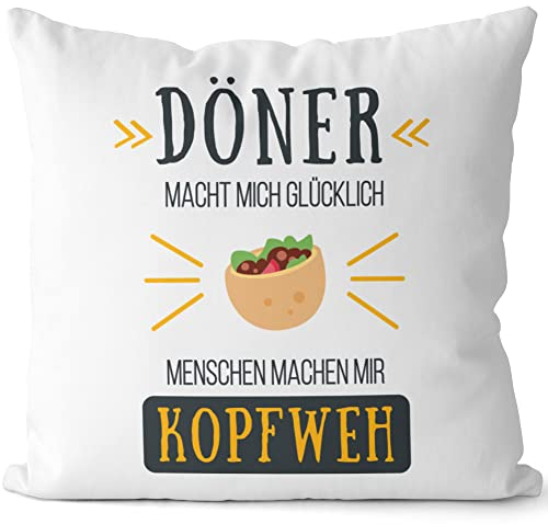 JUNIWORDS Kissen, Döner Macht Mich glücklich Menschen Machen Mir Kopfweh, Weiß-Hellblau, 2-farbig (1004618)
