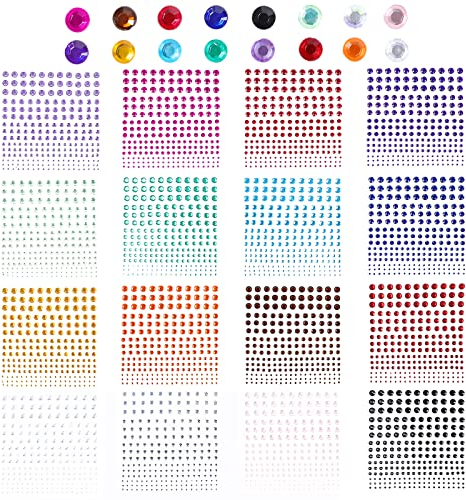 AiQInu 3600 PCS Strass Autocollant, 16 Couleurs 2/3/4/5/6MM Auto-adhésif Visage, Pierres Précieuses Cristal pour DIY Artisanat Nail Body Maquillage Décoration