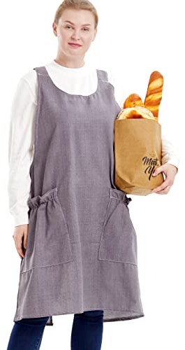 APRONNER Big Plus Size Aprons for Women with Pockets Cotton Linen Baking Kitchen Cooking