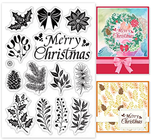 GLOBLELAND Weihnachtskranz Klare Stempel für DIY Scrapbooking Winterpflanzen Stechpalmen Tannenzapfen Mistel Weihnachtsstern Transparente Silikonstempel für die Herstellung von Karten Fotoalbum