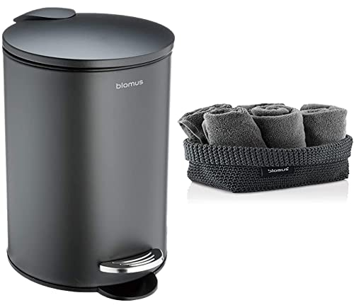 Blomus -TUBO- Treteimer aus pulverbeschichtetem Stahl, Anthrazit, 3L Fassungsvermögen (24,5 x 17 x 17 cm) & TELA- Häkelkorb L aus Kunstfaser, Anthrazit, Korb für Aufbewahrung (9 x 12 x 20 cm)