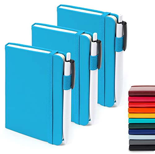 feela Mini-Notizbuch, niedliches kleines Tagebuch, Großpackung, Hardcover, College-Notizblock mit Stifthalter, für Büro, Schulbedarf, mit 3 schwarzen Stiften, 8,9 x 14 cm, A6, Blaugrün, 3 Stück