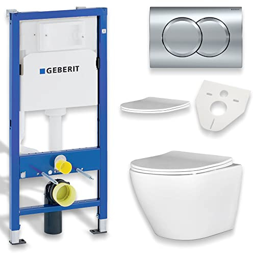 KOLMAN WC Set: Geberit Duofix Basic UP 100 Vorwandelement + Wand-WC Desna Weiß + Drückerplatte Delta 01 Chrom + Slim Duroplast WC-Sitz mit Soft-close + Schallschutzmatte