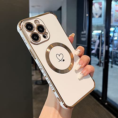 ZTOFERA Magnetic Case for iPhone 14 Pro Max Compatible with MagSafe, Flexible Soft Silicone Protective Phone Case with Cute Love Heart Pattern Golden Rim Shockproof Bumper Cover, White