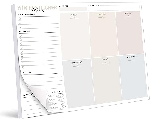 BIROYAL Wochenplaner Block A4 ohne festes Datum (50 Seiten), Schreibtischunterlage mit ToDo Liste, Wochenkalender Wochen Planer mit Wochenübersicht&Habit-Tracker für Termine, Aufgaben& Notizen, Bunt