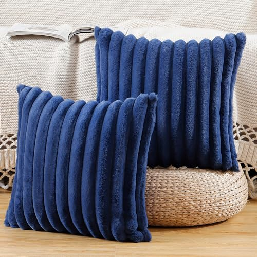 Madizz 2er Set Kunstpelz Plüsch Dekorative Kissenbezüge Flauschig Gestreifte Weich Dekorative Kissenbezug für Sofa Schlafzimmer Kissen Shell Blau 60 x 60 cm