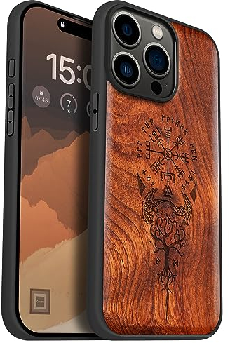 Carveit Custodia Compatibile con MagSafe per iPhone 15 Pro Max Case, Legno Cover avec Magnetico per Apple 15 Pro Max Custodia Paraurti Robusto TPU (Rosea-Bussola vichinga)