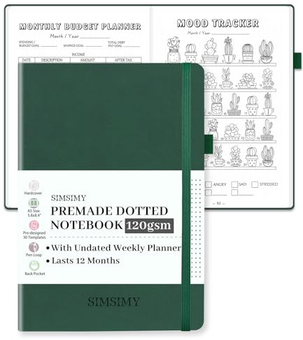 SIMSIMY Vorgefertigtes Bullet Dotted Journal Notizbuch, vorgefertigtes Punktraster Journaling mit undatiertem Wochen- und Monatsplaner, verschiedene Tracker, 12-Monats-Organisation, A5-Hardcover