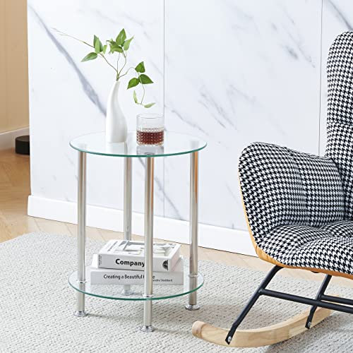 Pantanal Glass Round Sofa Table Side Table with Storage Shelf, Living Room 2 Tiers Small Coffee End Table for Corner Bedroom Little Nightstand Beside Table Home Office Reception (Clear, Round)