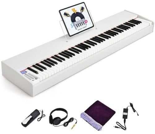COSTWAY 88-Key Digital Piano Keyboard, Full Size Weighted Keyboards with Music Stand, MIDI, Sustain Pedal, Headphone and Piano Cover, Electric Pianos for Beginner, Kids, Adult (White)