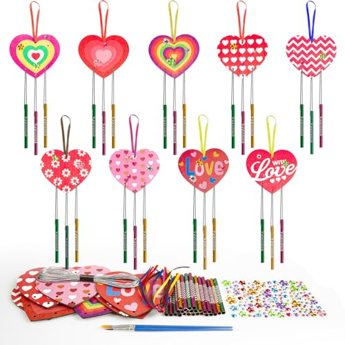 WEDNOK 9 Stück Herz Windspiel Bastelset Kinder Holz Klangspiel Basteln Bastelhandwerk zum Bemalen Heart Kreativsets für Mädchen Junge Kindergeburtstag Valentinstag Muttertag