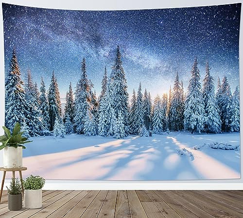 LB Wandteppich Schneewald Wandtuch Blauer Sternenhimmel in der Galaxie Wandbehang Natur Berglandschaft Tapisserie für Wohnzimmer Schlafzimmer Wohnheim Wanddeko,150x100cm