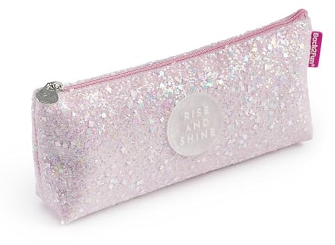 Back2Fun - Trousse triangulaire brillante, Étui un compartiment, Taille 200 x 80 x 35 mm, Trousse à paillettes, Tirette en métal, Fermeture éclair, Papeterie mignonne, rose