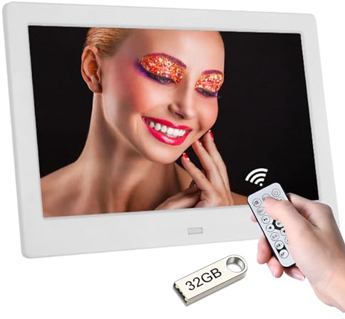 Ieytse 7 HD IPS Digital Photo Frame - Vídeo 1080P, Encendido/Apagado Automático, Vista Previa De Imagen, MP3, Reloj Calendario, USB con Mando A Distancia + 32GB USB Driver (Blanco)
