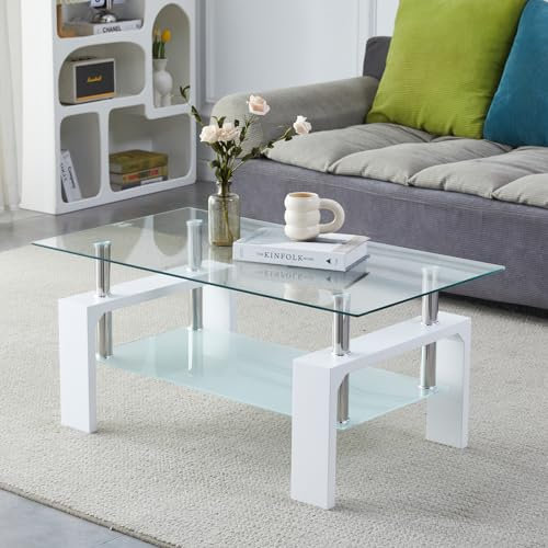 Kebynti Couchtisch – Rechteckiger Couchtisch aus Glas mit einfachem und klassisch inspiriertem Design, einfache Montage für modernes Wohnen, 100,3 x 59,7 x 44,5 cm (weiß)