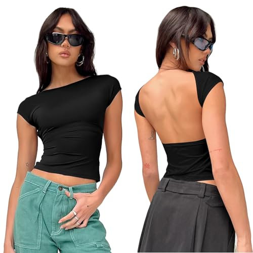 flintronic 1PCS Top Sexy sin Espalda para Mujer, Camisetas sin Mangas Recortadas, Camiseta básica sin Mangas Y2k, Chaleco con Correa de Cuello Redondo, Camisola Ajustada, Negro S