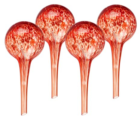 Relaxdays Bewässerungskugeln Glas, 4er Set, HxD: 15 x 6 cm, Gießkugeln für Pflanzen, Bewässerungshelfer Urlaub, rot